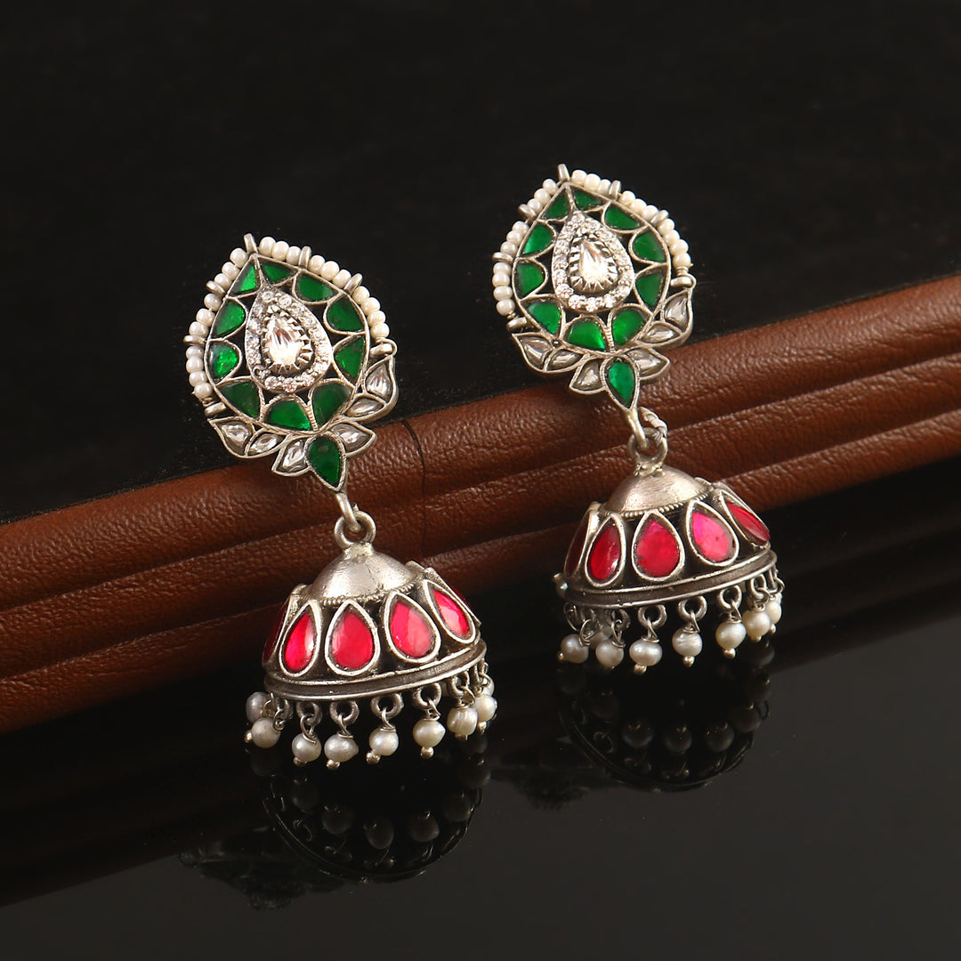 Silver Pink & Green Teardrop Jhumki Earrings