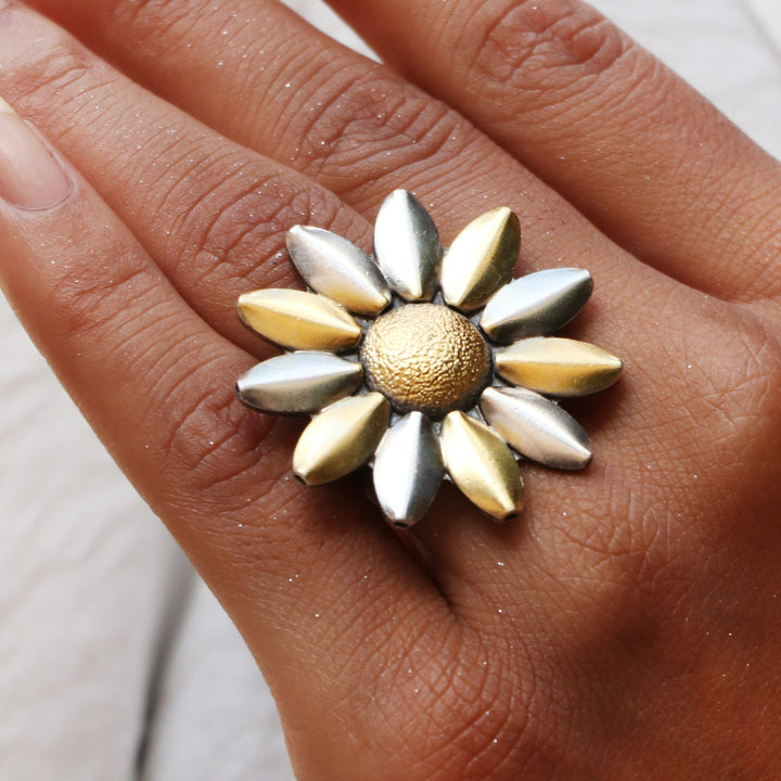 Silver Gold Plated, Sun-Floral, Designer Ring