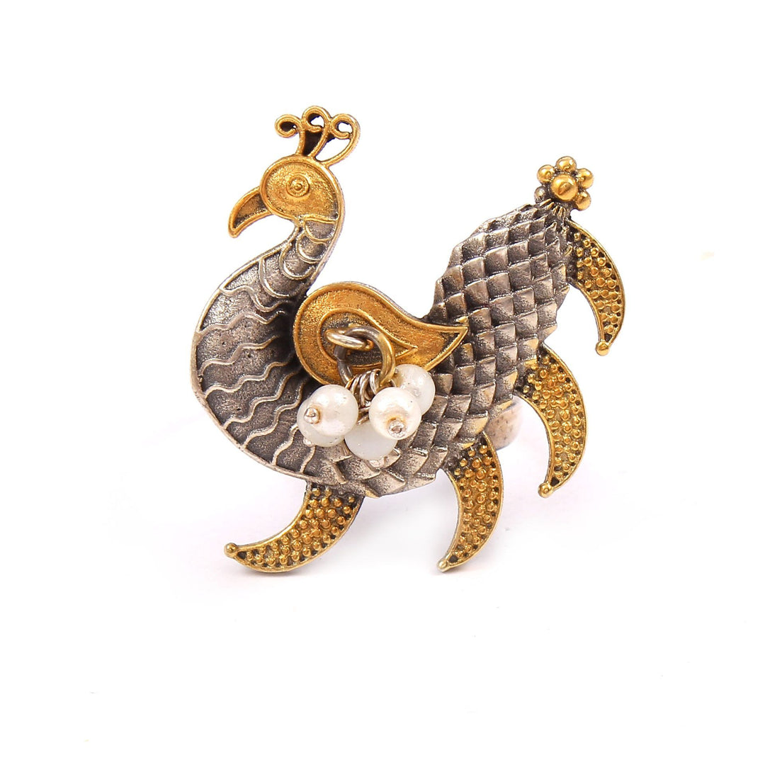 Silver Gold Plated, Adorable Peacock Ring with Pearl