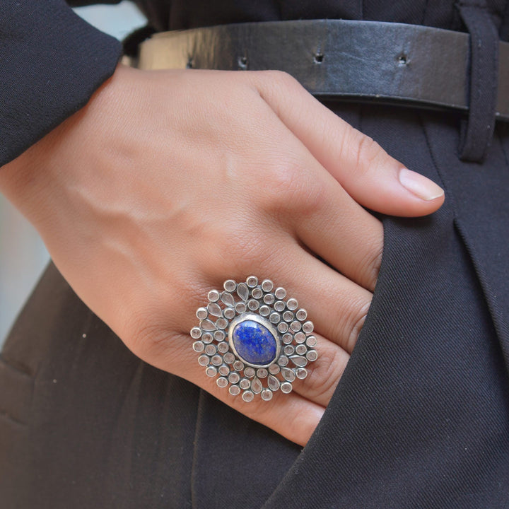 Silver Adorable Floral, Blue Lapis Stone Ring