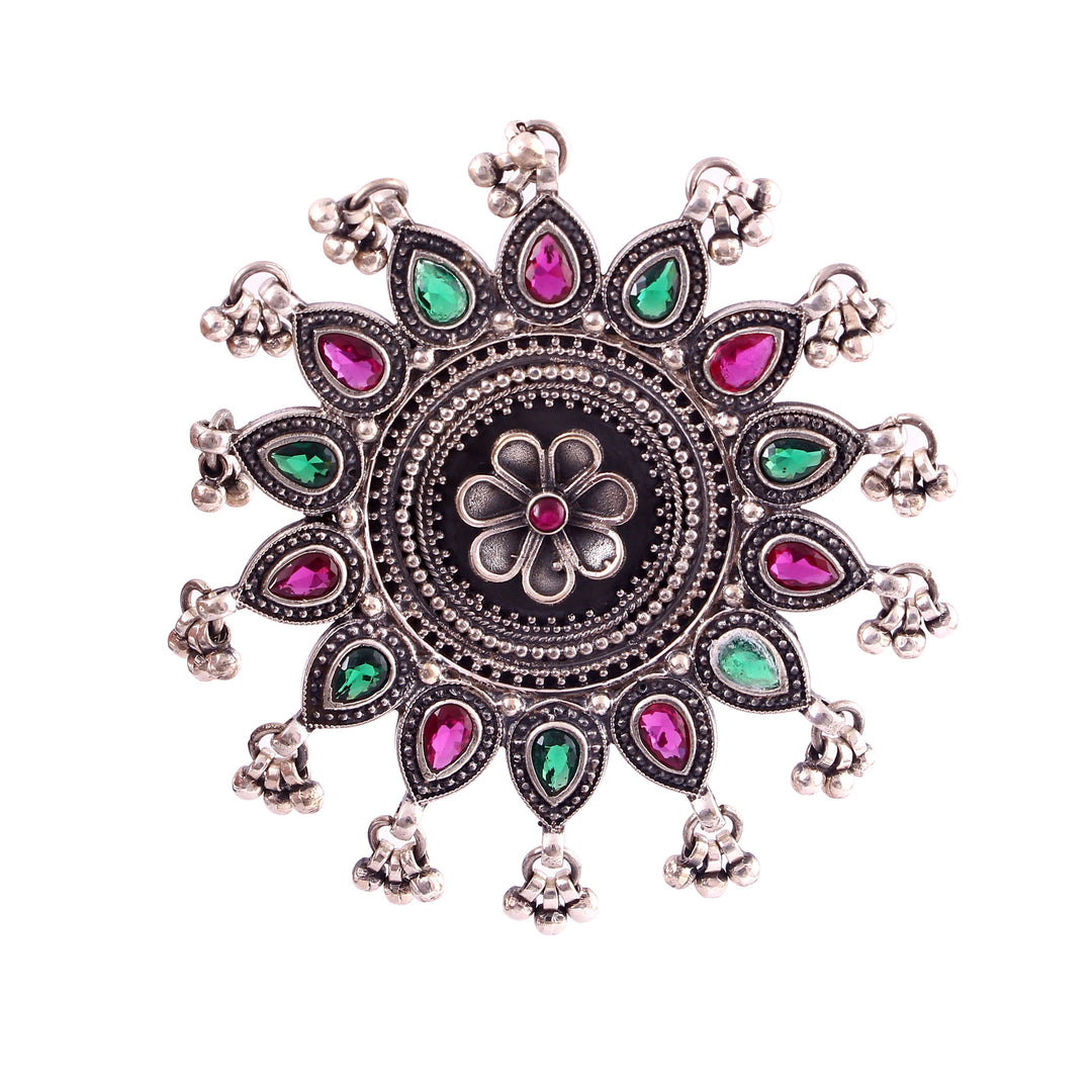 Silver Floral Statement Adjustable Ring With Ghungroo