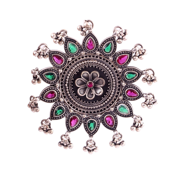 Silver Floral Statement Adjustable Ring With Ghungroo
