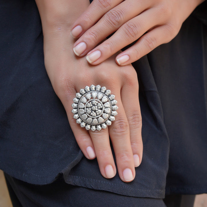 Silver Statement Floral Adjustable Ring