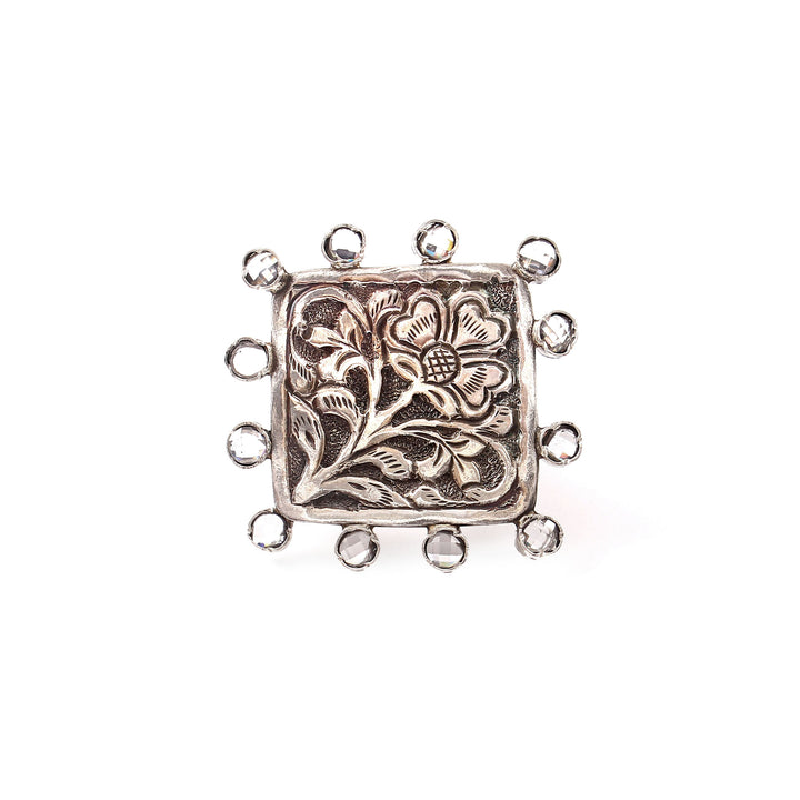 Silver Chitai Work Floral Statement Ring