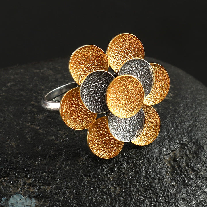 Silver Oxidized Kundan & Red Floral Adjustable Ring