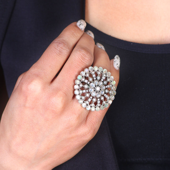 Silver Floral Adorable MOP Adjustable Ring
