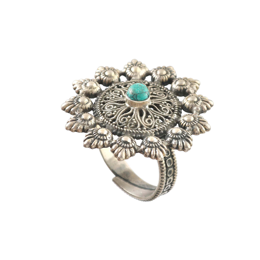 Silver Oxidized Floral Adjustable Ring
