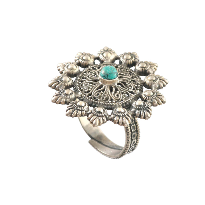 Silver Oxidized Floral Adjustable Ring