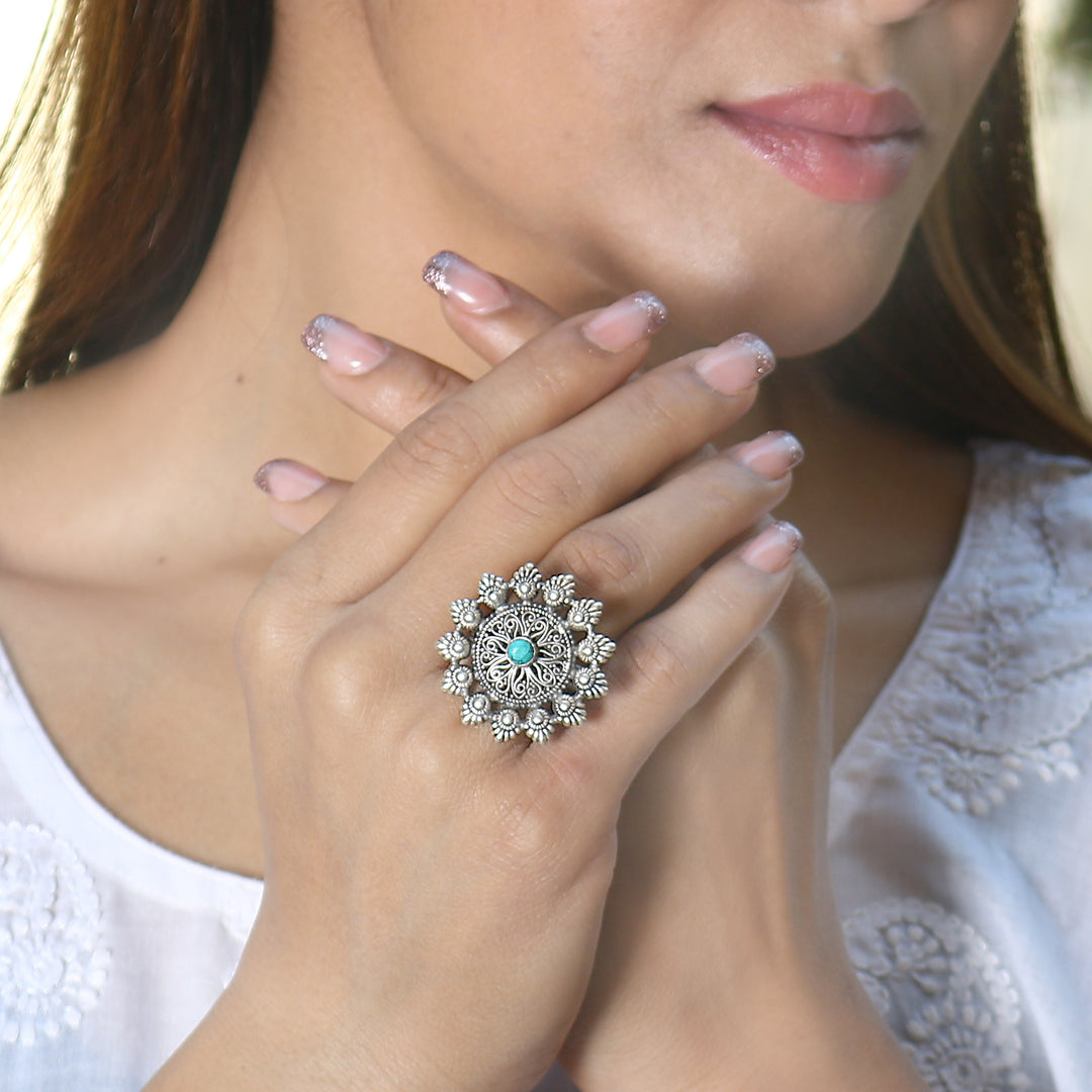 Silver Oxidized Floral Adjustable Ring
