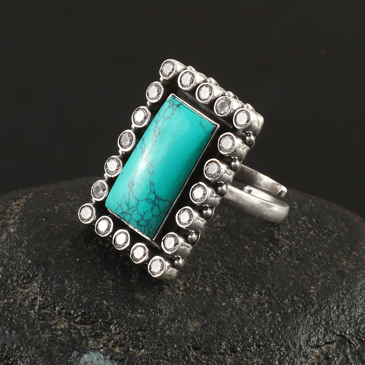 Silver Beautiful Firoza & White Adjustable Ring