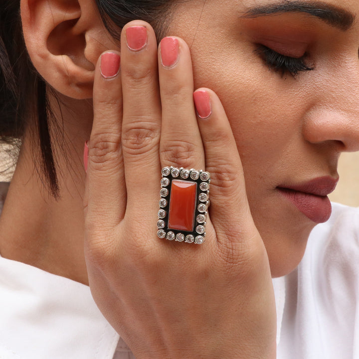 Silver Adorable Orange & White Adjustable Ring