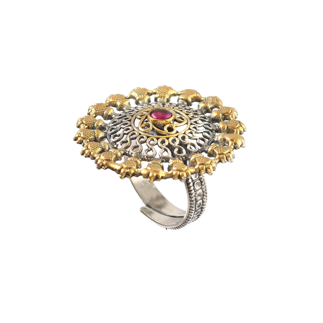 Silver Dual Tone Floral Adjustable Ring