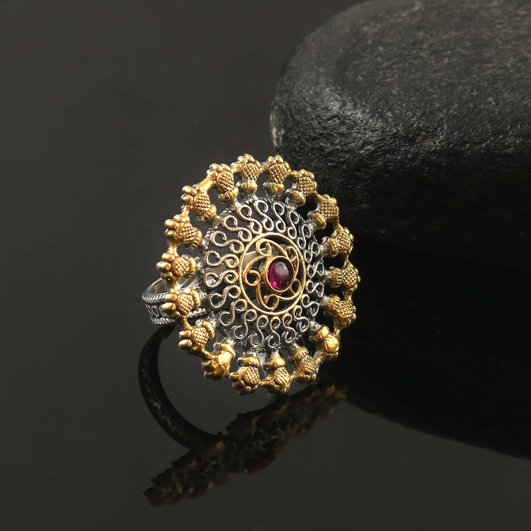 Silver Dual Tone Floral Adjustable Ring