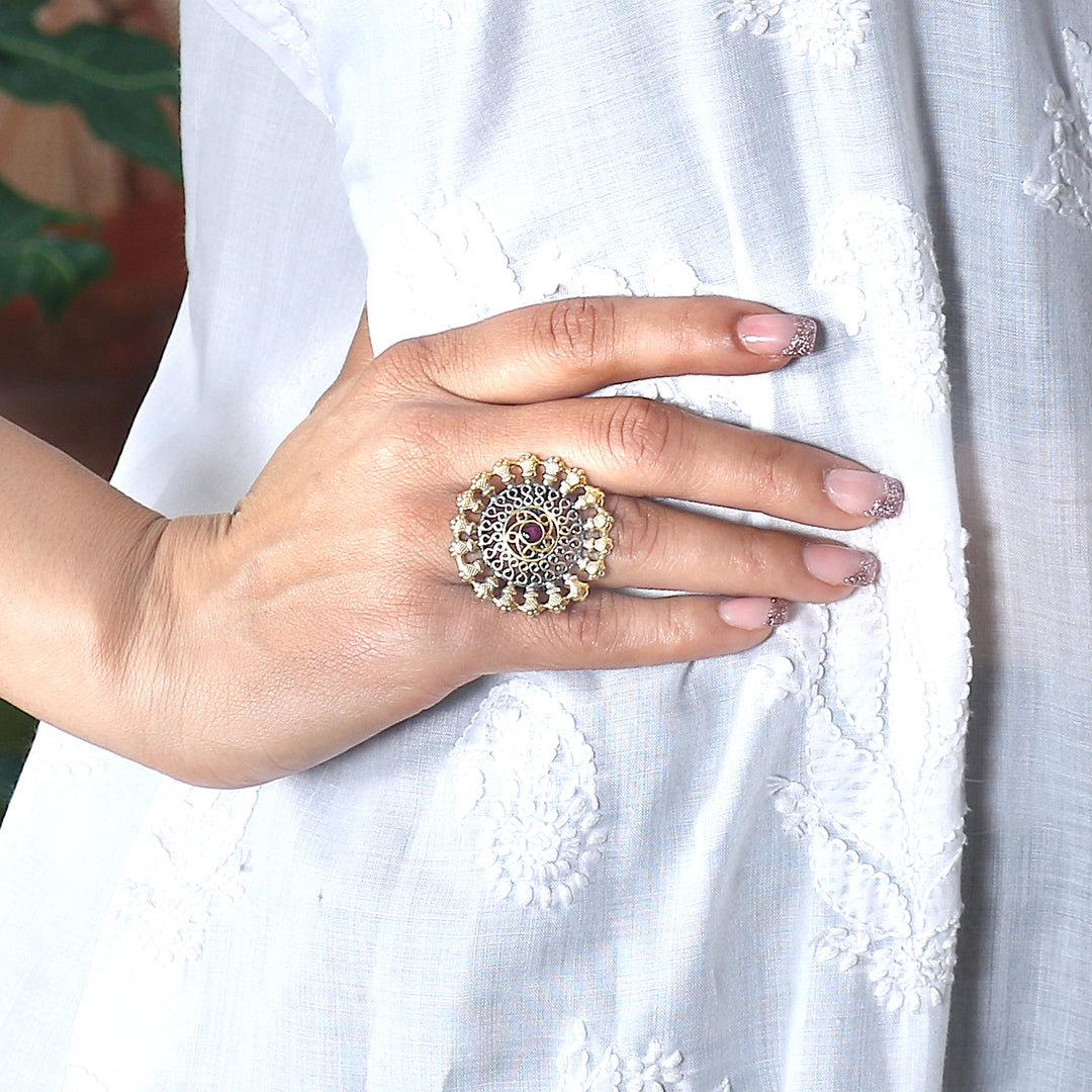 Silver Dual Tone Floral Adjustable Ring