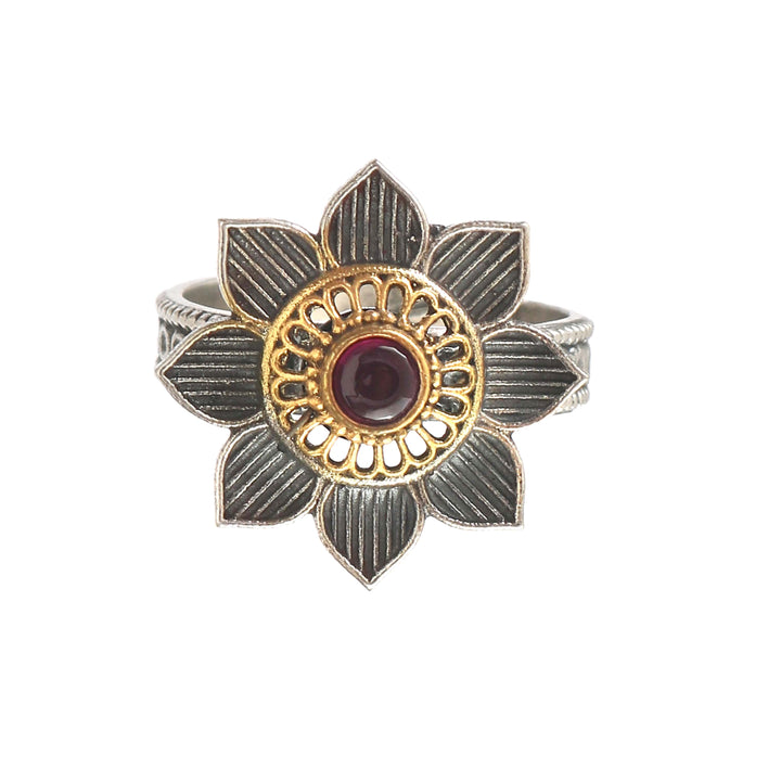 Silver Oxidized Floral Adjustable Ring