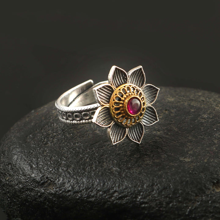 Silver Oxidized Floral Adjustable Ring
