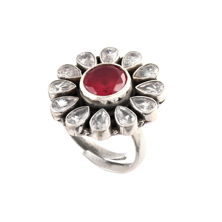 Silver Red & White Floral Adjustable Ring