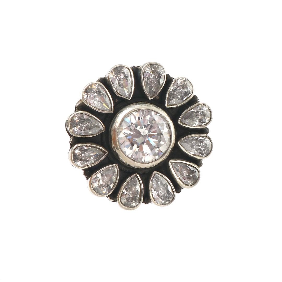Silver Floral Zircon Stone Adjustable Ring