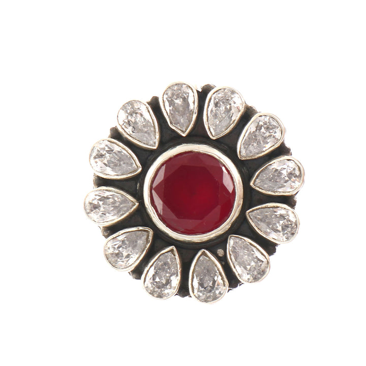 Silver Red & White Floral Adjustable Ring