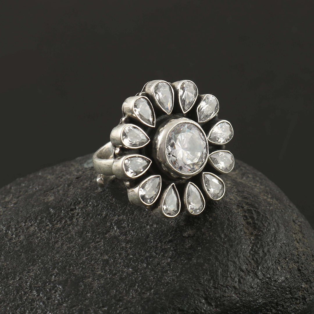 Silver Floral Zircon Stone Adjustable Ring