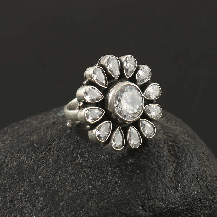 Silver Floral Zircon Stone Adjustable Ring