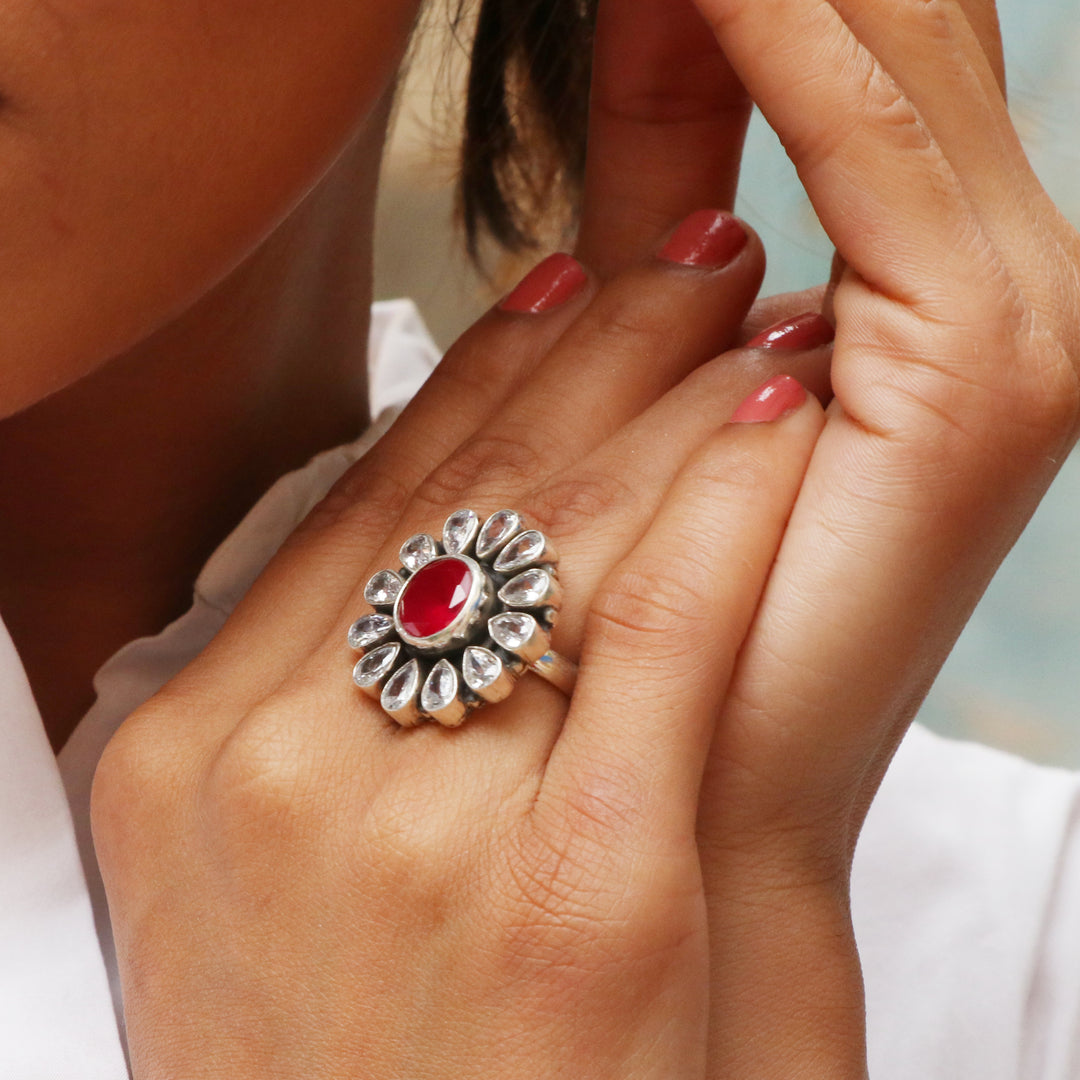 Silver Red & White Floral Adjustable Ring