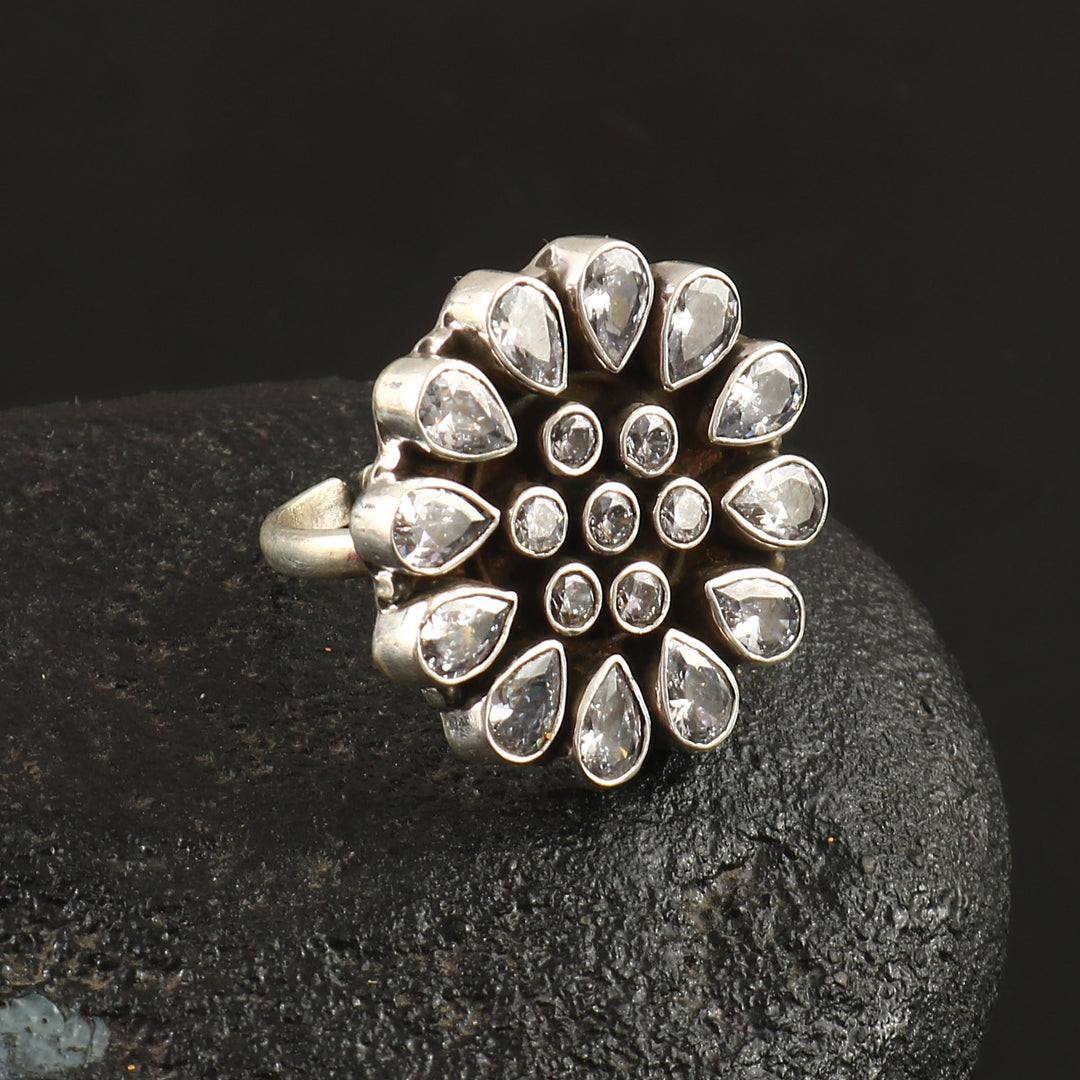 Silver Zircon Floral Adjustable Ring