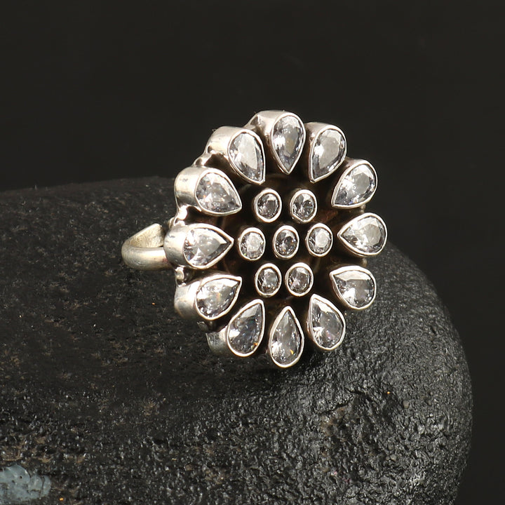 Silver Zircon Floral Adjustable Ring