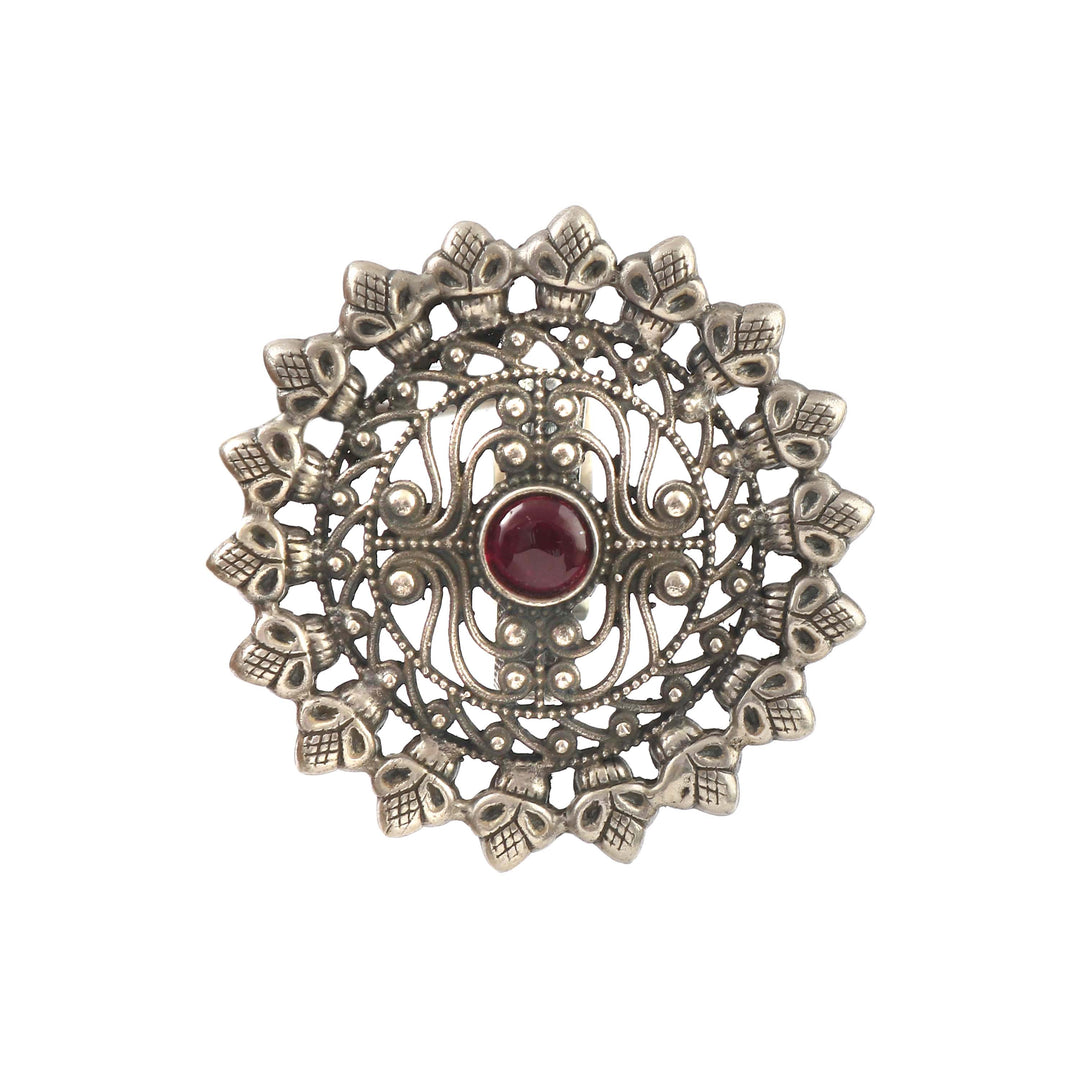 Silver Floral Oxidized Adjustable Ring