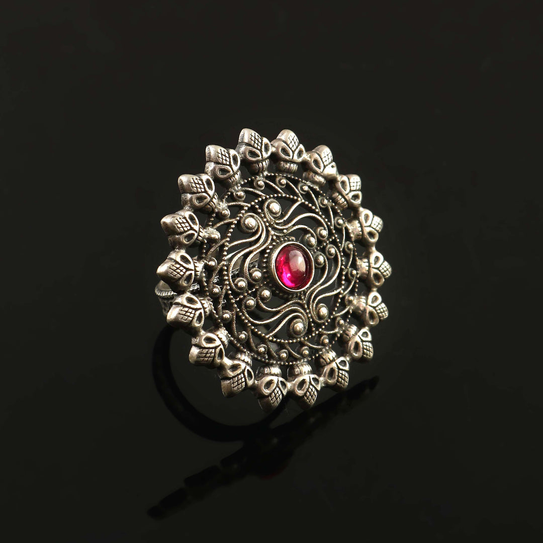 Silver Floral Oxidized Adjustable Ring
