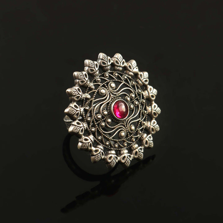 Silver Floral Oxidized Adjustable Ring