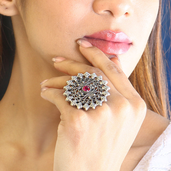 Silver Floral Oxidized Adjustable Ring