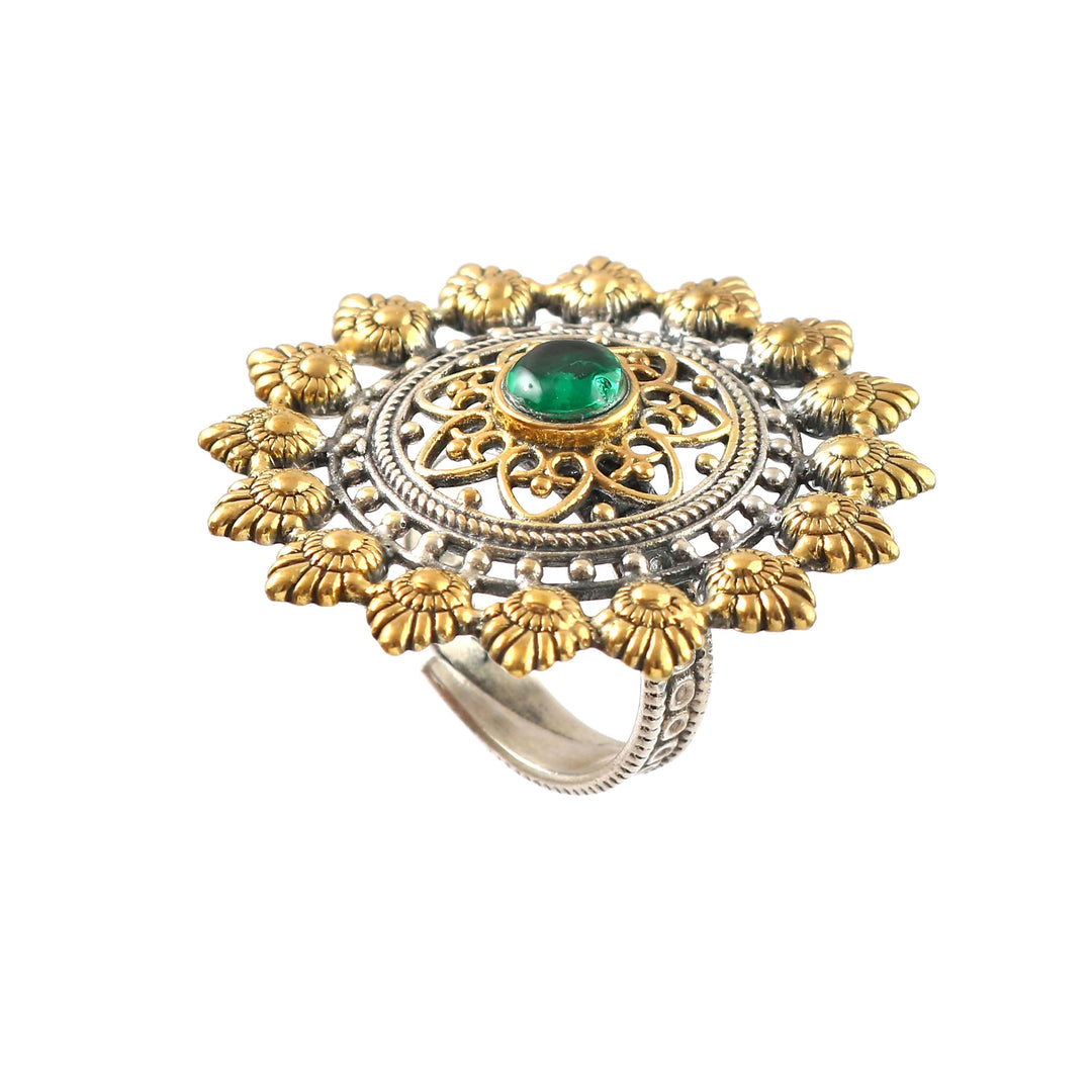 Silver Dual Tone Floral Adjustable Ring