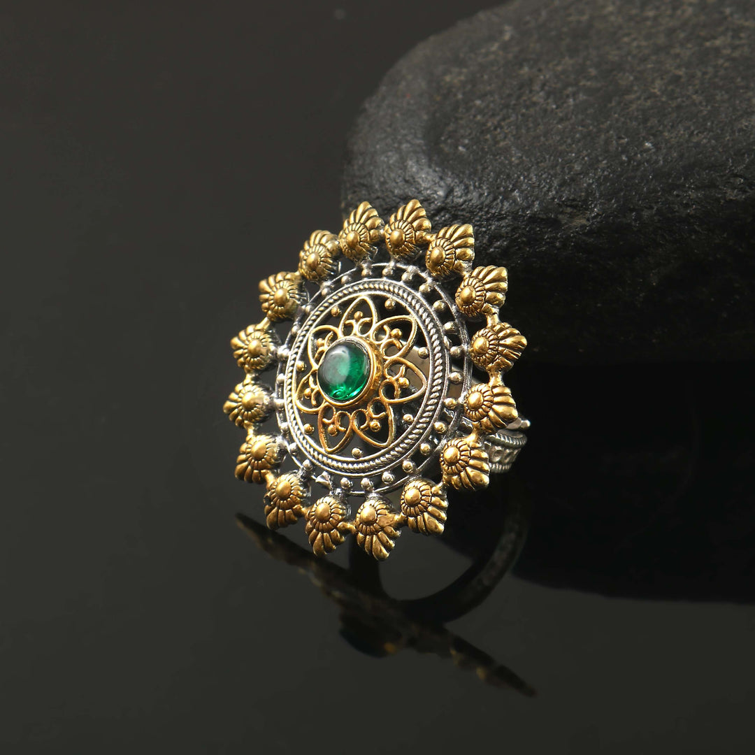Silver Dual Tone Floral Adjustable Ring