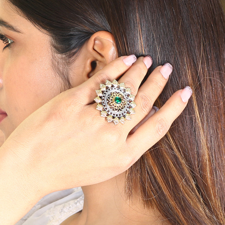 Silver Dual Tone Floral Adjustable Ring