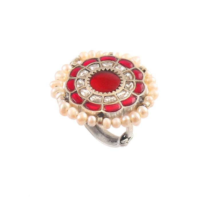 Silver Kundan-Jadau Floral Ring