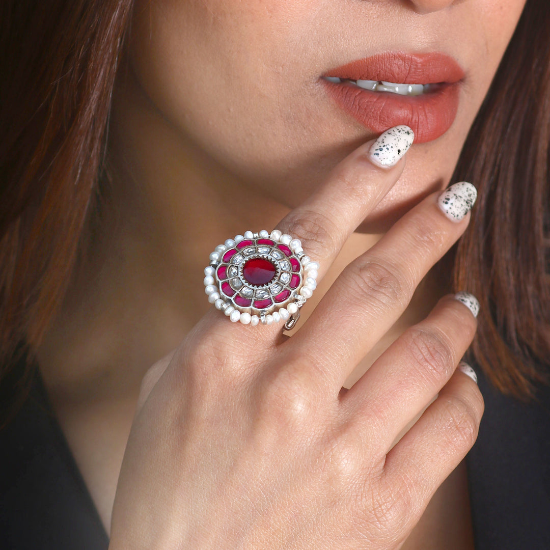 Silver Kundan-Jadau Floral Ring