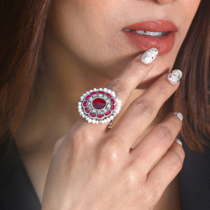 Silver Kundan-Jadau Floral Ring