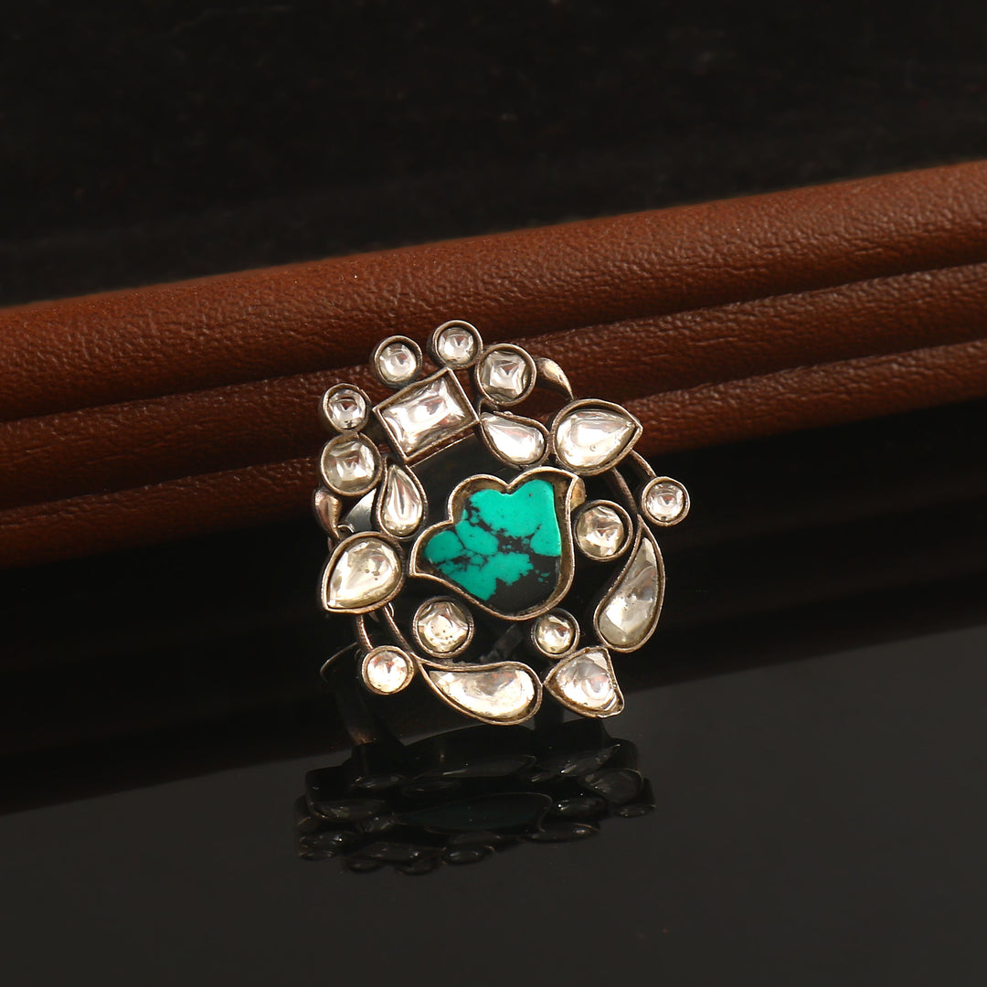Silver Firoza-White Floral Ring