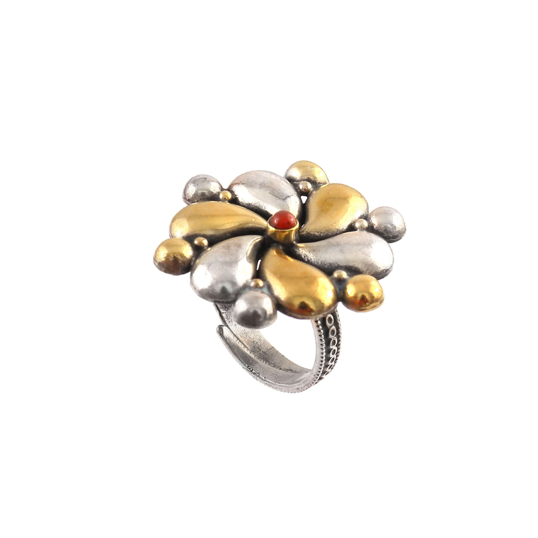 Dual Tone Silver Floral Ring