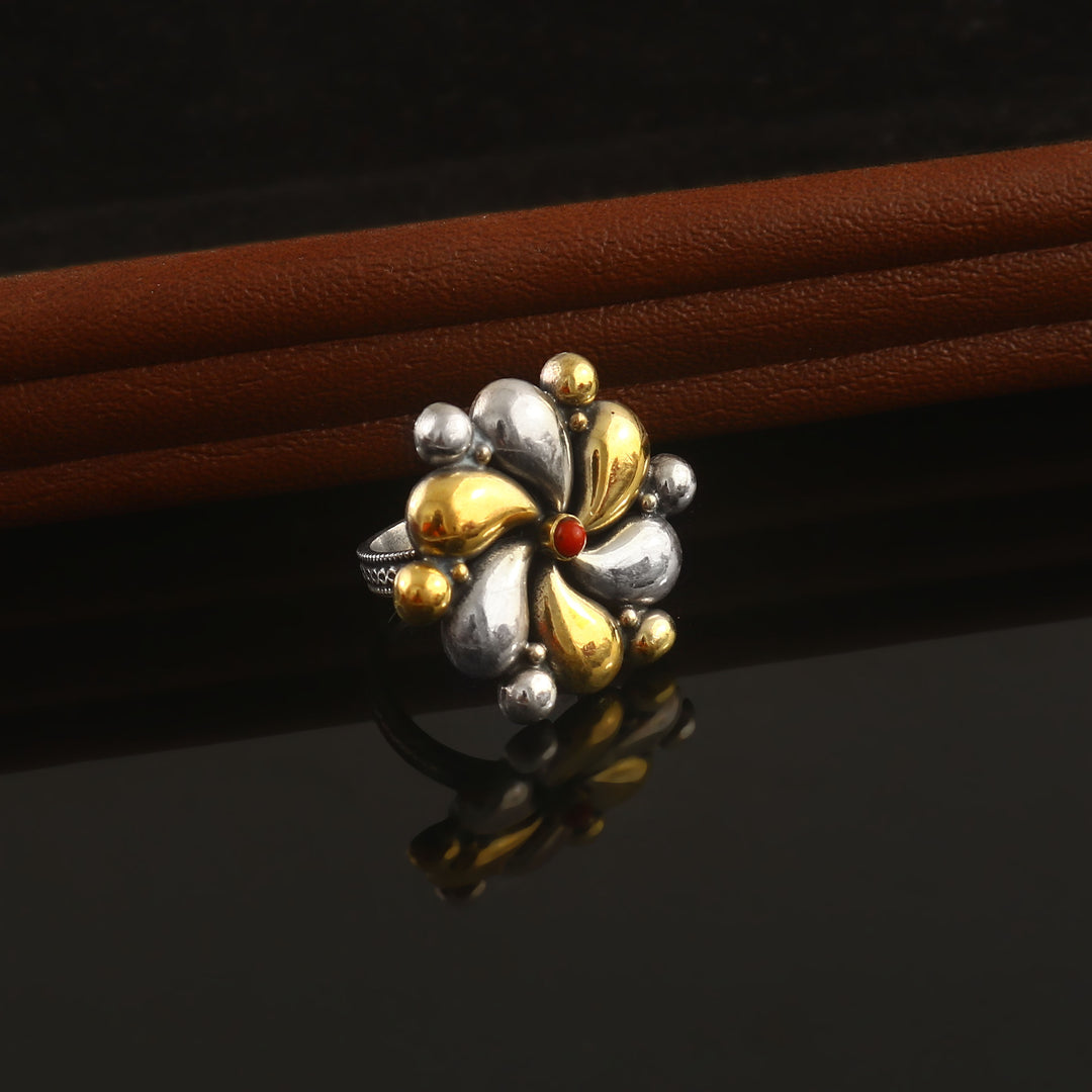 Dual Tone Silver Floral Ring