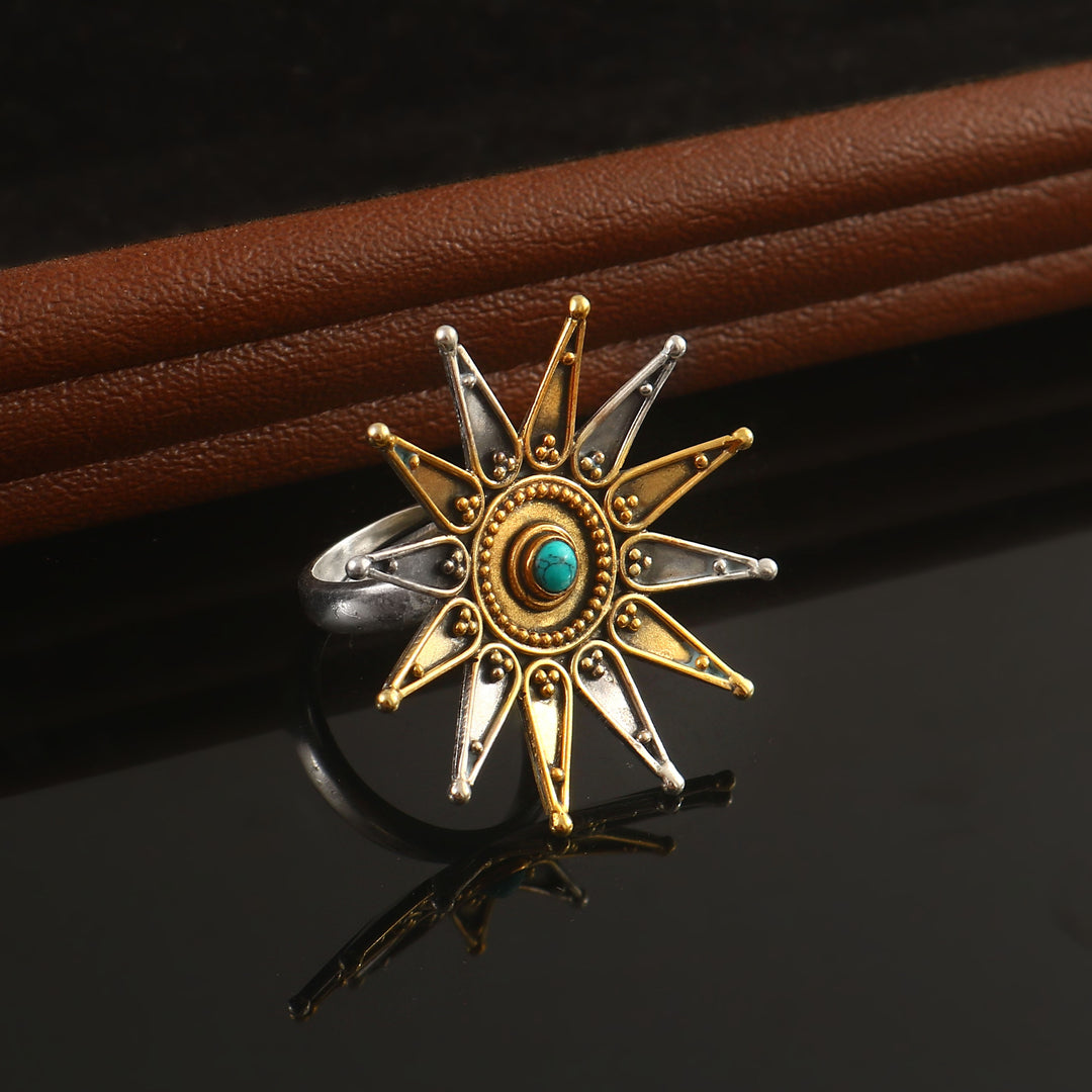 Dual Tone Silver Sun-Floral Ring