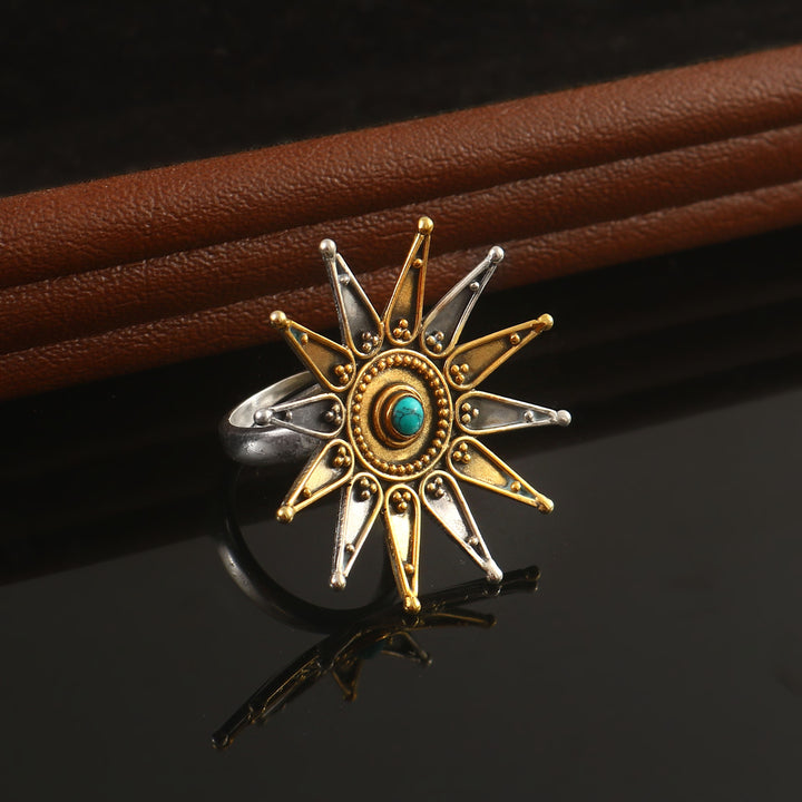 Dual Tone Silver Sun-Floral Ring