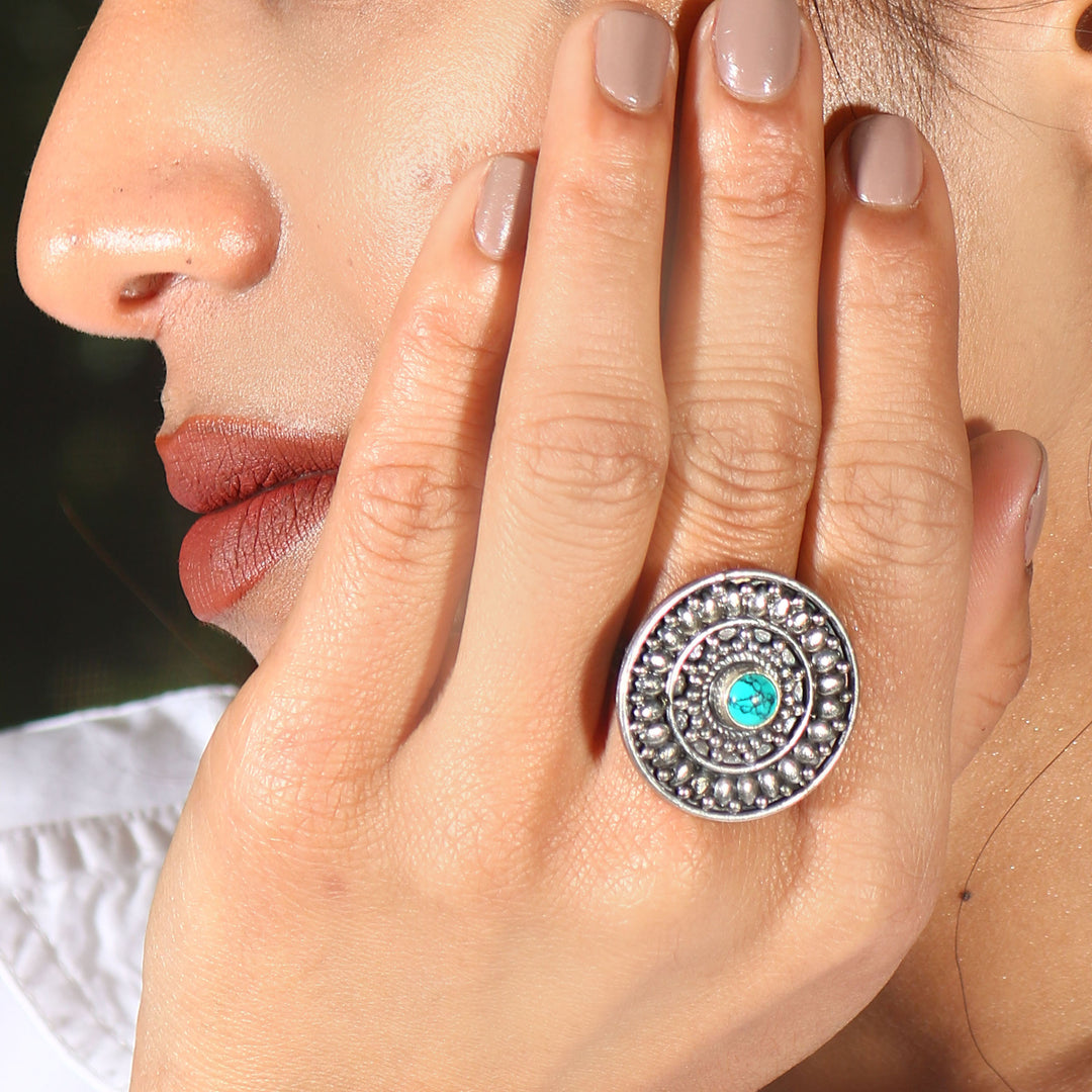 Silver Oxidized Firoza Adjustable Ring