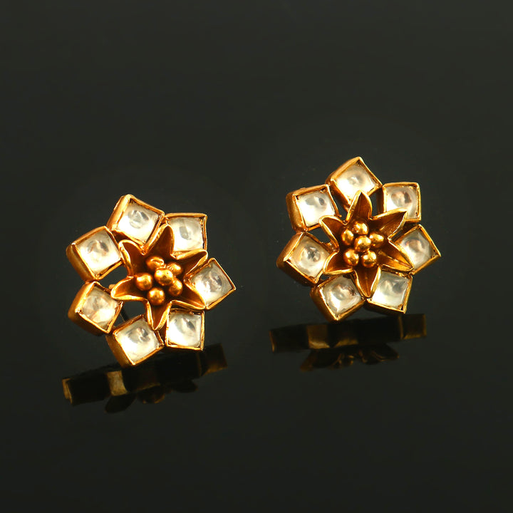 Gold Plated Silver Floral Kundan Ear Studs