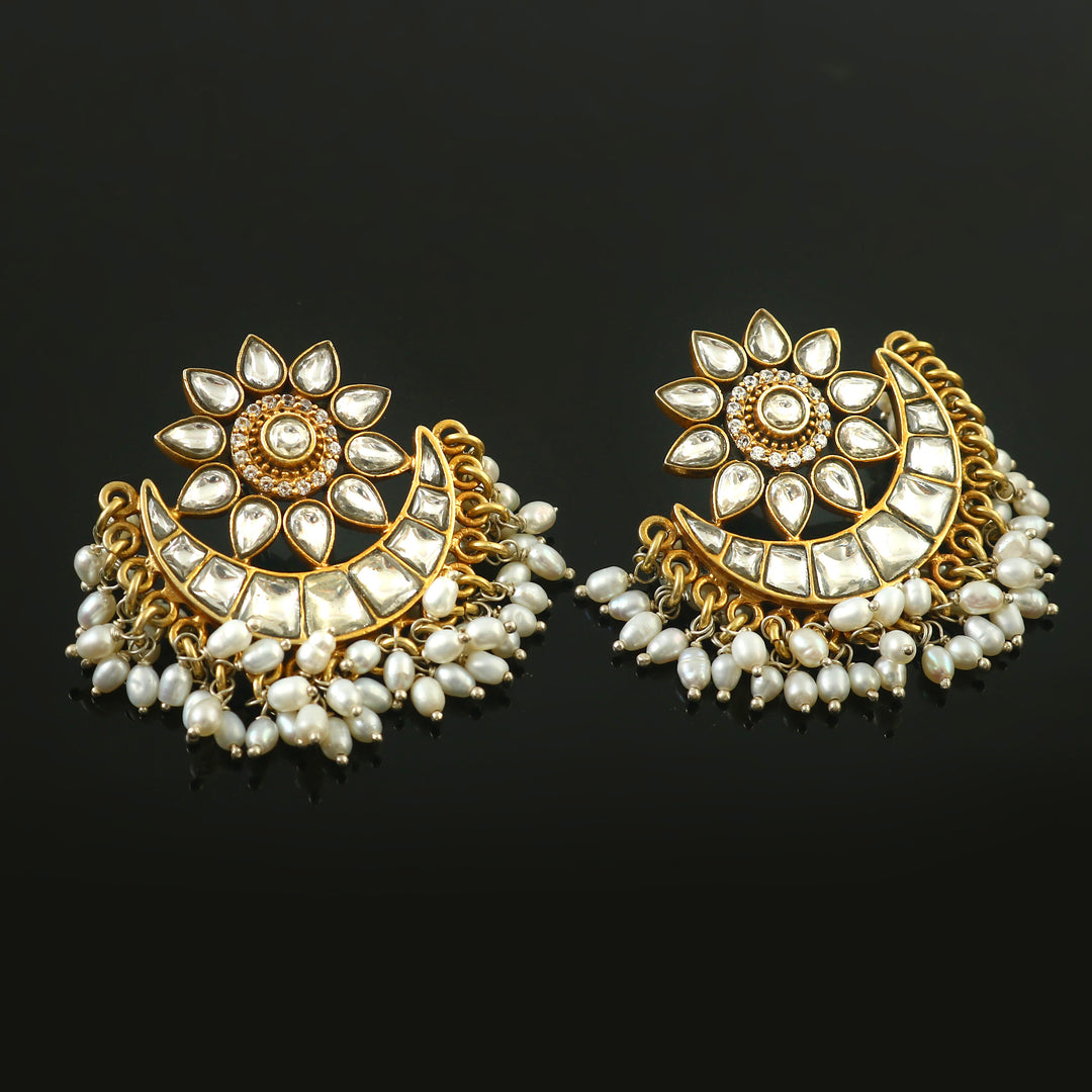 Gold-Plated Silver Sun-Floral Kundan Stud Earrings