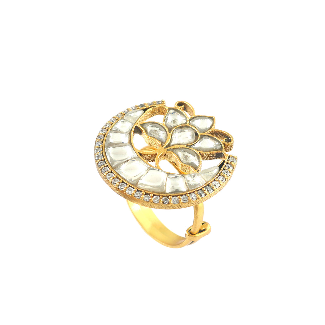 Gold-Plated Silver Kundan Floral Adjustable Ring