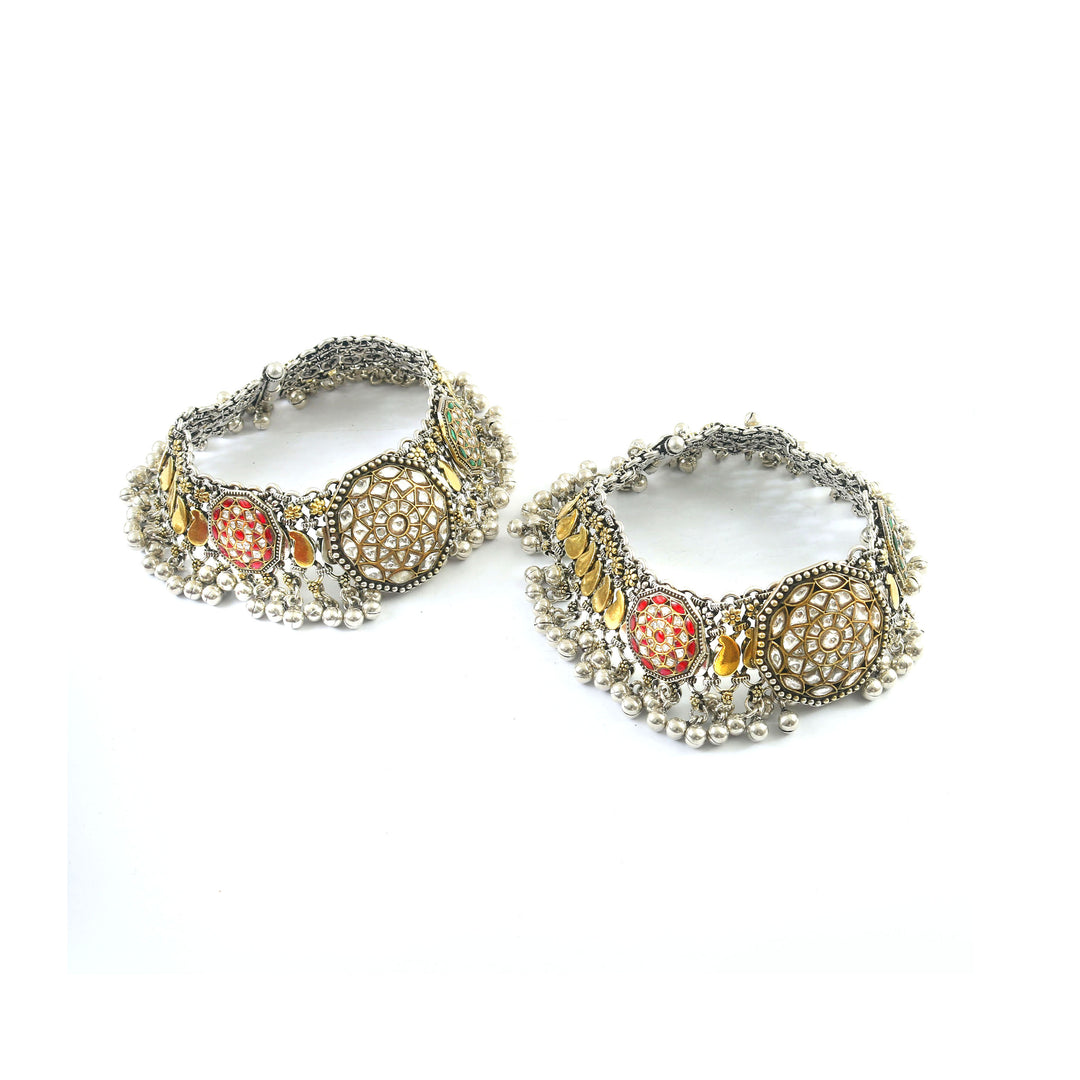 Dual-Tone Silver Kundan Fusion Statement Anklet