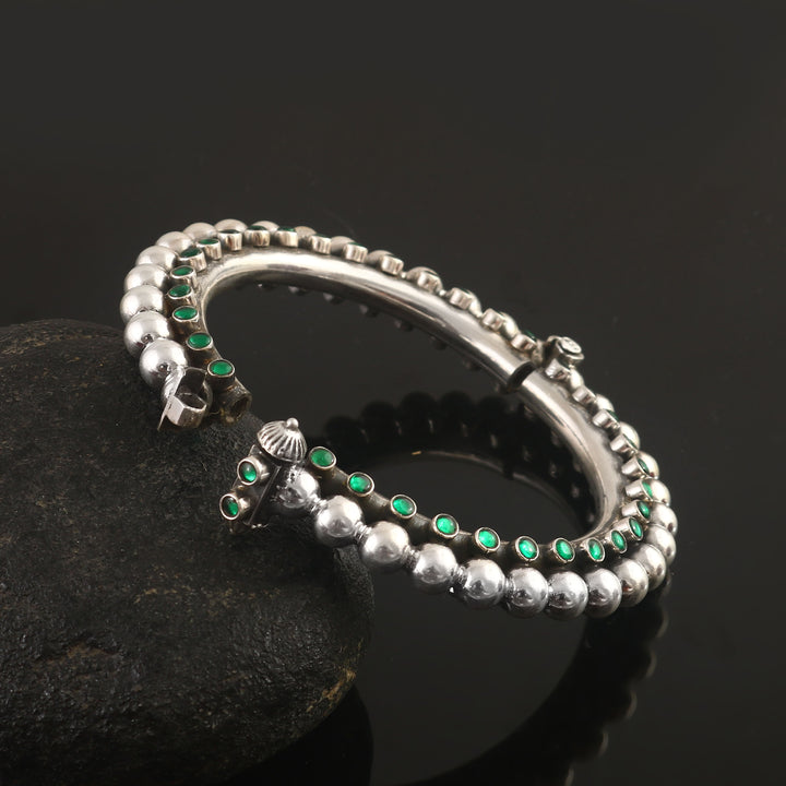 Silver Green Pota Stone Statement Bangle