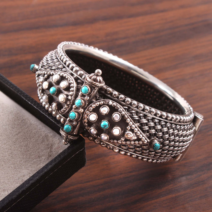 Silver Pearl & Firoza Beads Stone Statement  Bangle